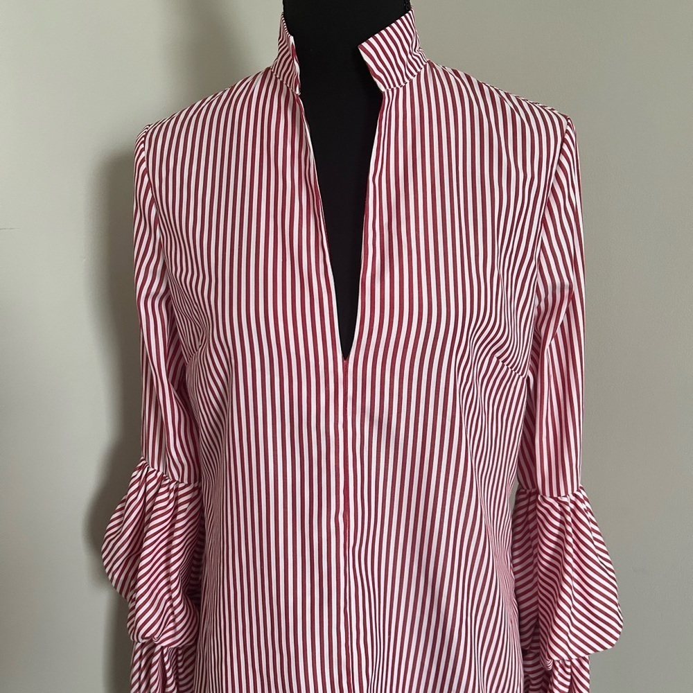 NWT Dabney Charlton Womans Blouse Size M white and red Stripers Puff Sleeves